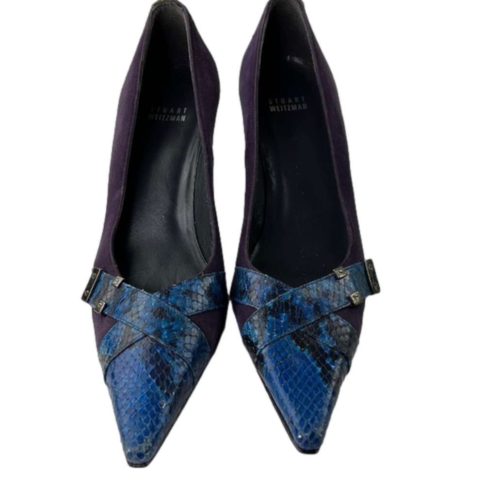 Stuart Weitzman Blue Leather Crocodile Pattern & Purple Suede Detail Pump Heels